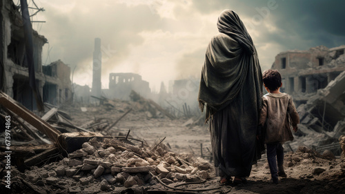 woman with a child in her arms against the backdrop of a destroyed city
