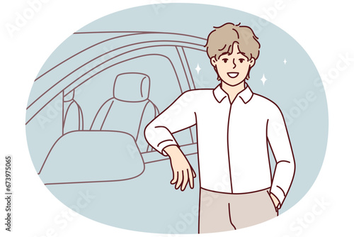 Smiling young man standing near new car in salon. Happy confident male buying automobile proud of purchase. Vector illustration.