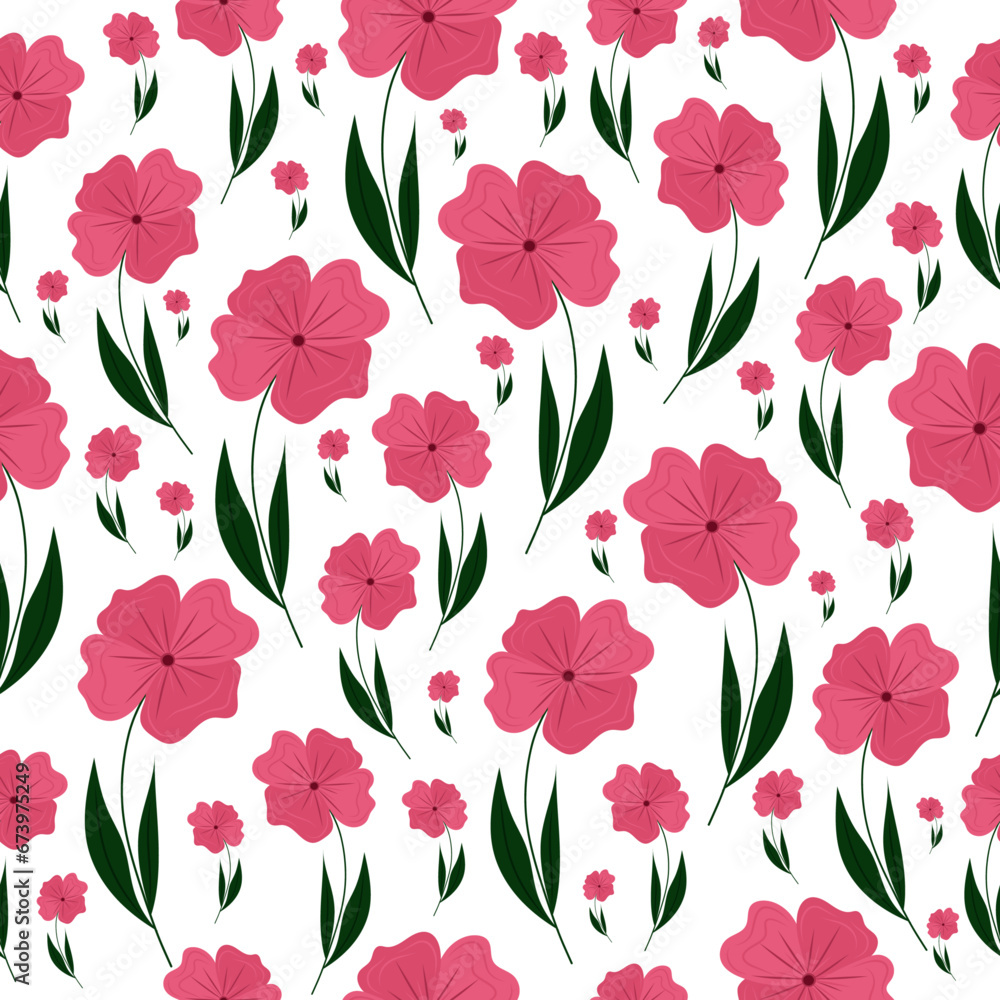 Floral seamless pattern with pink flowers. Flat style. Isolated background. Cute bright pink flowers, green leaves. For packaging paper, textiles. Floral seamless pattern with pink flowers. Flat style. Isolated background. Cute bright pink flowers, green leaves. For packaging paper, textiles.