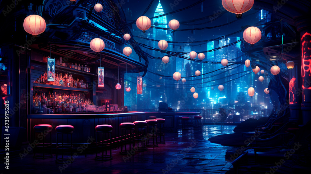 night view of the evening city with a bar night view of the evening city with a bar