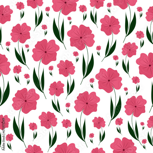 Wallpaper Mural Floral seamless pattern with pink flowers. Flat style. Isolated background. Cute bright pink flowers, green leaves. For packaging paper, textiles. Torontodigital.ca