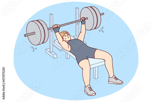 Male athlete in sportswear lift barbell in gym. Man powerlifter training preparing for competition. Sport and workout. Vector illustration.
