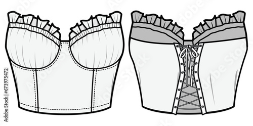 Corset Top, Bohemian Tube Top Fashion Flat Sketch Vector Illustration, CAD, Technical Drawing, Flat Drawing, Template, Mockup.