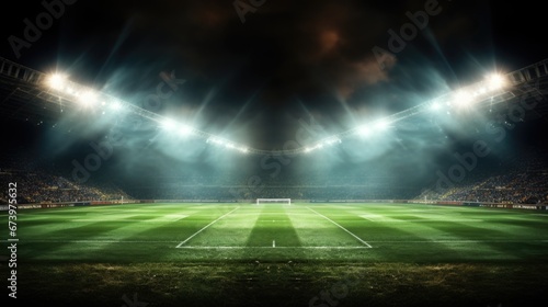 Green soccer field bright spotlights night view Generative AI © Saim Art