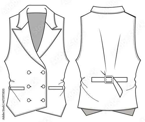 Back Adjusting Waistcoat, Waiter Coat  Front and Back View. Fashion Flat Sketch Vector Illustration, CAD, Technical Drawing, Flat Drawing, Template, Mockup.