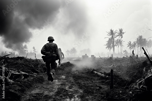 World War Two solider on island, black and white film style