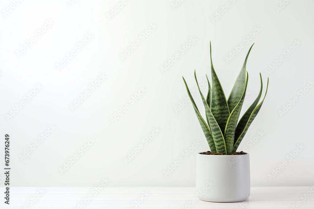 Snake plant leave in pot in white room Snake plant leave in pot in white room