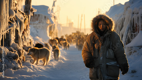 woman in northern village with sled dogs