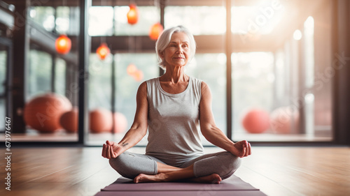 mature woman doing yoga at home, meditation concept