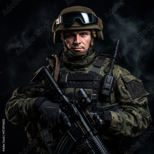 Russian Army soldier in full armor, portrait, dark background. © LUKIN IGOR 
