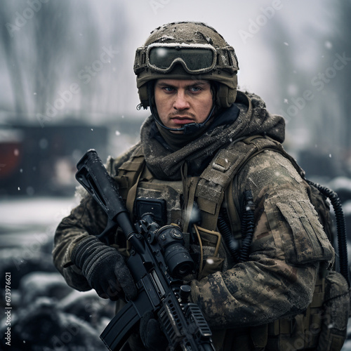 Russian Army soldier in full armor, portrait, dark background. © A LOT ABOUT EVERYTHI