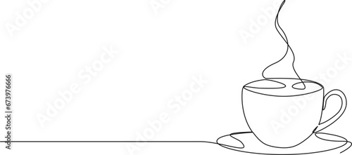 continuous single line drawing of cup with steaming hot coffee or tea, line art vector illustration photo