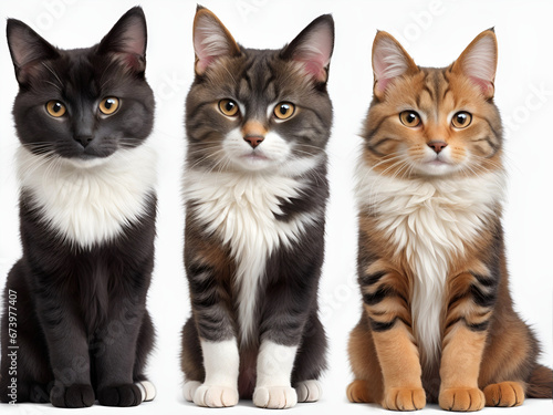 Tres gatos sentados en fila sobre un fondo blanco. Vista de frente y de cerca. IA Generativa