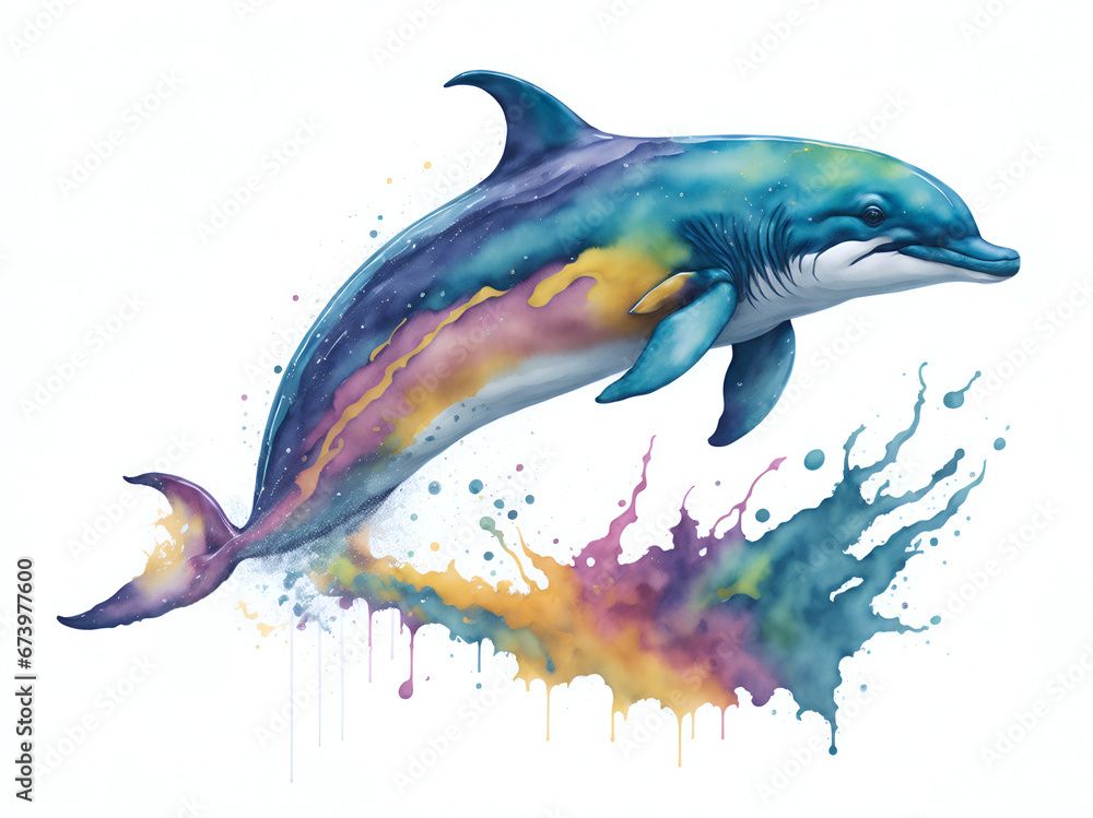 Delfín nadando estilo acuarela con pintura colorida salpicada sobre un fondo blanco liso y aislado. Vista de frente y de cerca. Copy space. IA Generativa - obrazy, fototapety, plakaty 