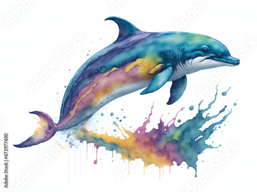 Delfín nadando estilo acuarela con pintura colorida salpicada sobre un fondo blanco liso y aislado. Vista de frente y de cerca. Copy space. IA Generativa