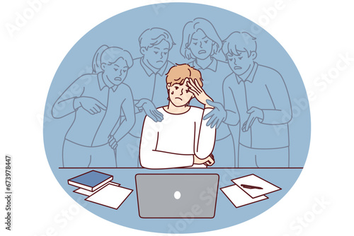 Stressed young man feel pressure by society opinion working on computer. Distressed male employee frustrated with annoying imaginary colleagues. Vector illustration.