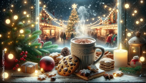 Merenda with Christmas cookies and hot chocolate. The frosty window gives a view of a holiday market adorned with lights, and snow adds to the wintry charm.