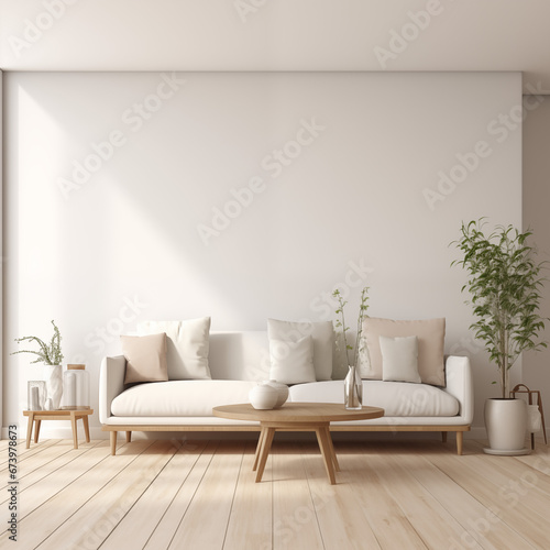 Minimalist modern living room interior background, Scandinavian style, 3D render