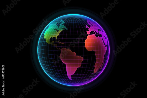 Holographic neon colored wired Earth globe  isolated on black background