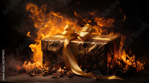 Gift Christmas box in a package with a bow in the flame of fire. The concept of hot New Year discounts and sales
