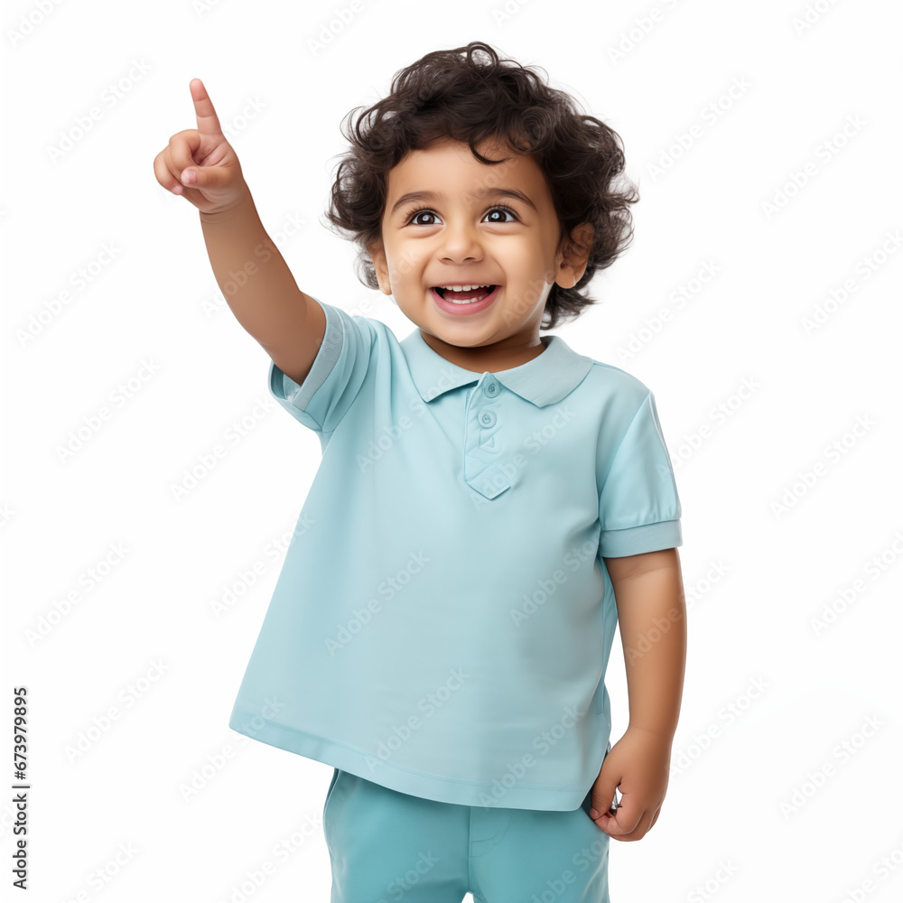 cheerful toddler boy pointing upwards in a light blue outfit on a white background cheerful toddler boy pointing upwards in a light blue outfit on a white background