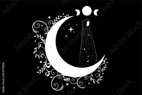 Mystical priestess in a long black dress on the white crescent moon. Triple goddess, magical wiccan woman, concept of esoteric magic sacred female in boho stile, vector isolated on black background 