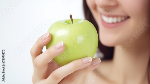 Beautiful woman eating a green apple in the studio on white background. female smile after teeth whitening procedure. Dental care. Dentistry and healthy lifestyle concept.