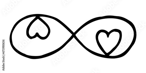Infinity symbol with heart hand drawn with ink brush. Thin line scribble icon. Png clipart isolated on transparent background