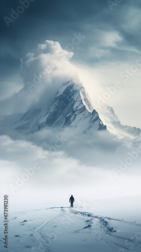 person standing on top of the epic snowy mountain, feeling challenged but prepared