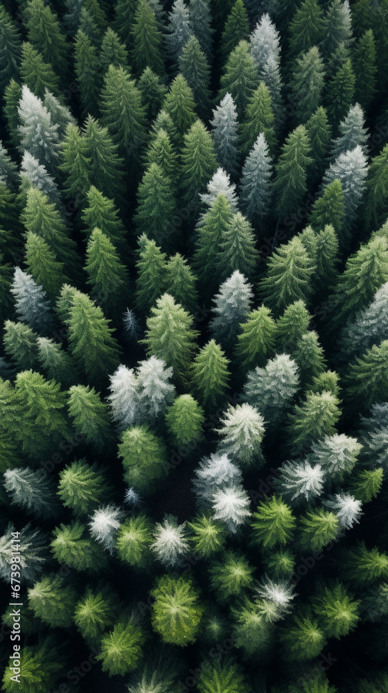 top down photo of a forest in Idaho and the Pacific Northwest on a foggy day, vertical orientation for social platforms 