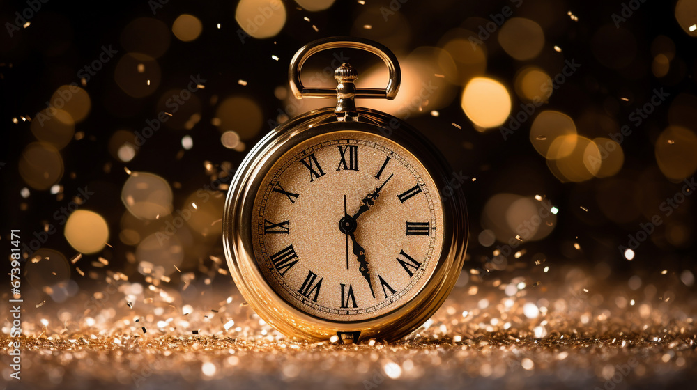 Gold Antique Clock against a Gold Shimmer Bokeh Background New Year Concept