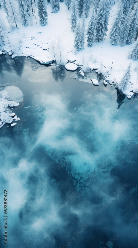 Fototapeta premium drone photo, aerial view, of a frozen lake in Canada 