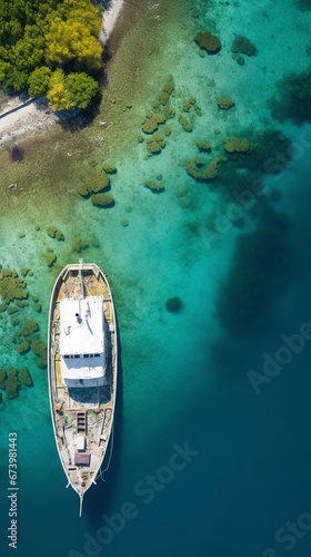 tropical drone photo, aerial view, of a boat in Belize 