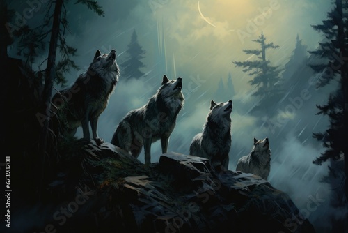 A full moon looms over the watercolor wolves, casting a mystical glow on the pack as they navigate the forest.