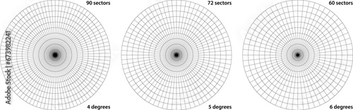 Polar grid divided into 90, 72 or 60 radial degree sectors and concentric circles. Geometry engineer round tool to measure angles of corners.