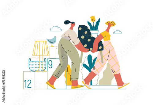 Mutual Support: Assistance with Moving -modern flat vector concept illustration of women collaboratively moving household items A metaphor of voluntary, collaborative exchanges of resource, services