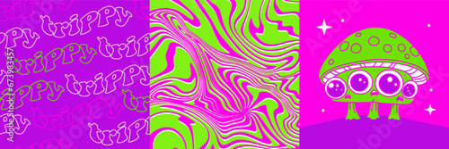 Psilocybin mushrooms cards or covers set. Psychedelic patterns with magic mushroom character, a group of fungi that contain psilocybin which turns into psilocin upon ingestion. 90s neon vector design.