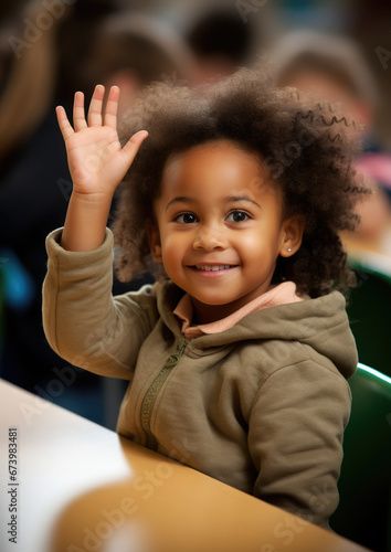 dark-skinned African student at a desk in a school class raises his hand, child, smart kid, children, study, learning, classroom, knowledge, lesson, pupil, boy, girl, team, friends, smile, portrait