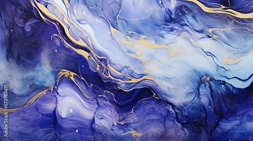Pintura de arte fluida abstrata de luxo em técnica de tinta alcoólica, mistura de tintas azuis e roxas. Imitação de corte de pedra de mármore, veios dourados brilhantes photo