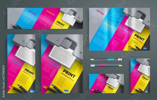 Identity print cmyk polygraphy printing theme Set flyer cover, tri-fold, banner, roll up banner, business card