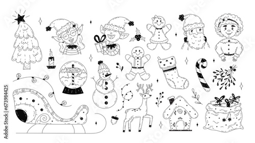 Christmas set of doodle elements. Hand drawn Christmas graphics. Set with candies, gift boxes for gift tags, labels, cards, invitations. Vector stock illustration on isolated white background.