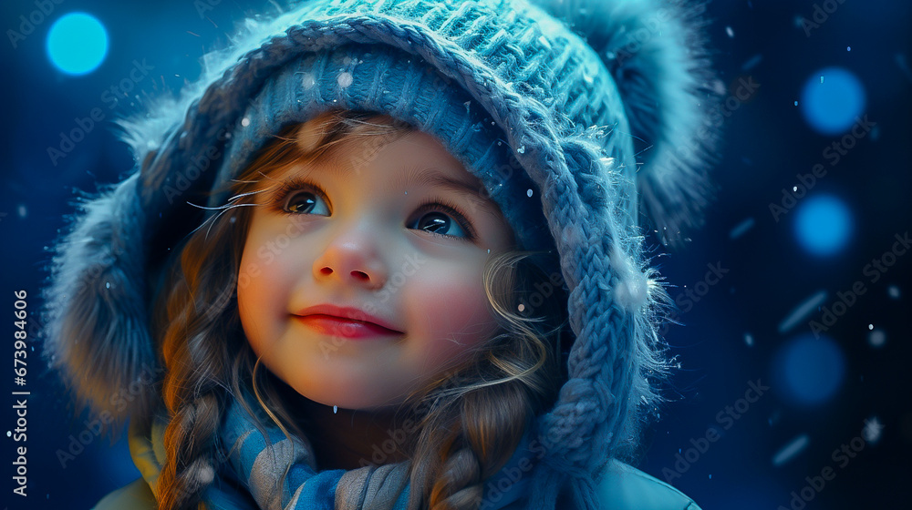 portrait of a cute girl in a winter hat and jacket looking at the snow in winter portrait of a cute girl in a winter hat and jacket looking at the snow in winter