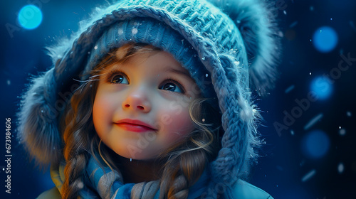portrait of a cute girl in a winter hat and jacket looking at the snow in winter