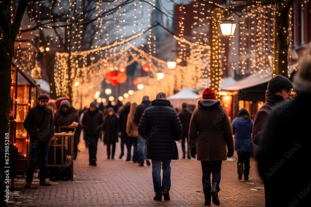 Wrapped in winter attire, people blend into a festive blur, their steps writing stories on the snowy street