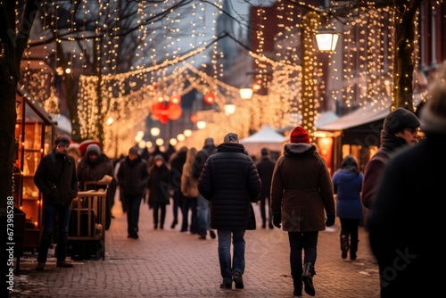 Wrapped in winter attire, people blend into a festive blur, their steps writing stories on the snowy street