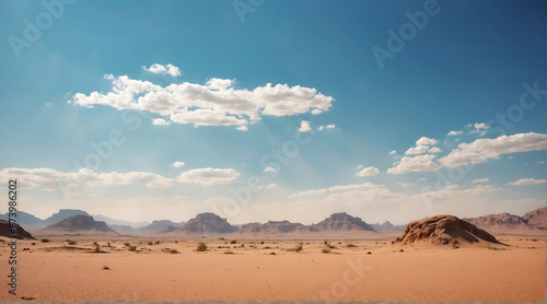 Suny desert panoramic view of sand dunes and mountains with blue sky and white clouds