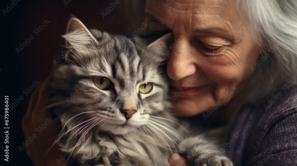 attractive woman of 60 years with grey cat in her arms outdoors attractive woman of 60 years with grey cat in her arms outdoors