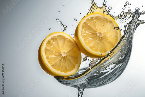 Fresh lemon slices falling in water splash on white background
