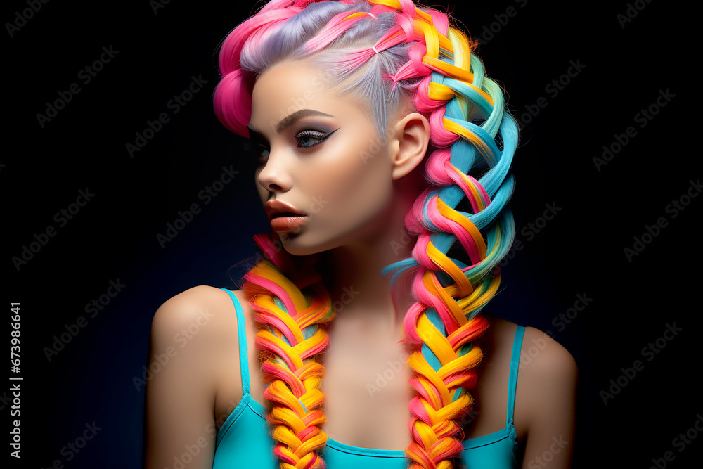 Obraz premium Portrait of a beautiful girl with rainbow neon hair style on black background.
