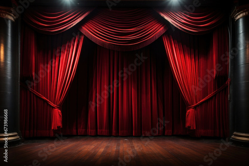 Empty theatre stage with red curtains and illuminated spotlights. Stage background with copy space